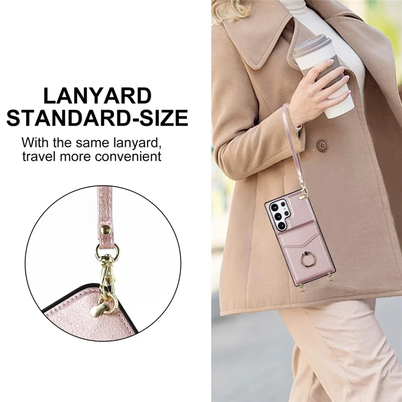 For Samsung Galaxy S22 Ultra 5G Phone Case Ring Kickstand Cover with 2 Straps - Rose Gold