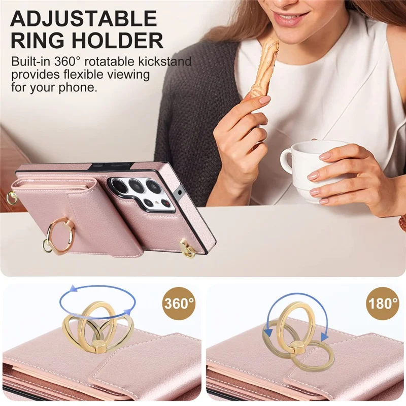 For Samsung Galaxy S22 Ultra 5G Phone Case Ring Kickstand Cover with 2 Straps - Rose Gold