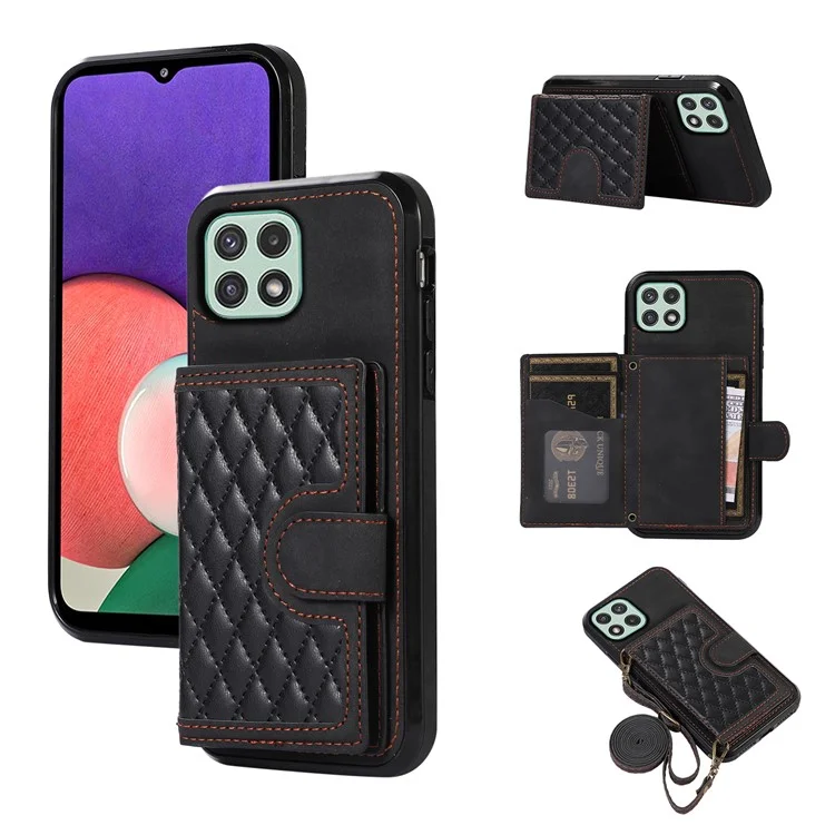 Pour Samsung Galaxy A22 5G (version européenne) Rhombus Grid Phone Case TPU+PU Leather Kickstand Shell - Noir