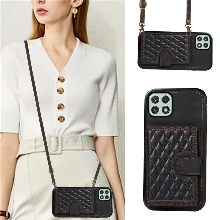 Pour Samsung Galaxy A22 5G (version européenne) Rhombus Grid Phone Case TPU+PU Leather Kickstand Shell - Noir