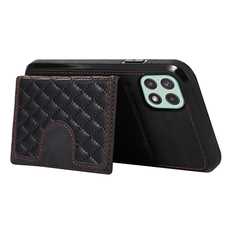 Pour Samsung Galaxy A22 5G (version européenne) Rhombus Grid Phone Case TPU+PU Leather Kickstand Shell - Noir