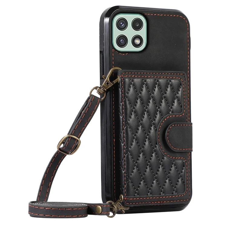Pour Samsung Galaxy A22 5G (version européenne) Rhombus Grid Phone Case TPU+PU Leather Kickstand Shell - Noir