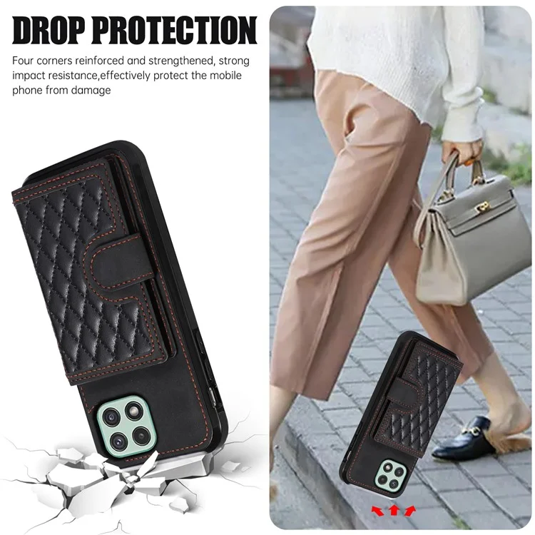 Pour Samsung Galaxy A22 5G (version européenne) Rhombus Grid Phone Case TPU+PU Leather Kickstand Shell - Noir