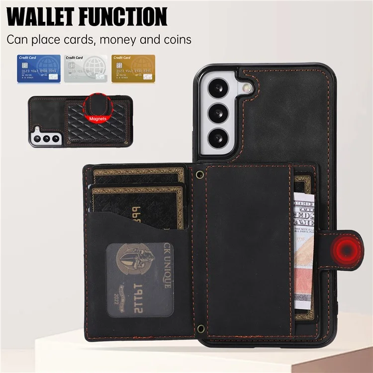 Für Samsung Galaxy S21 FE 5G Kickstand Phone Case TPU+PU Leder Schultertasche - Schwarz