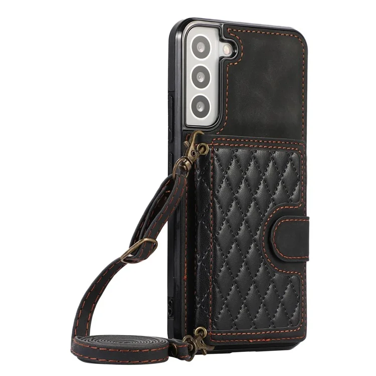 Für Samsung Galaxy S21 FE 5G Kickstand Phone Case TPU+PU Leder Schultertasche - Schwarz