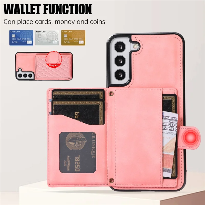 For Samsung Galaxy S21 FE 5G Kickstand Phone Case TPU+PU Leather Shoulder Phone Bag - Rose Gold