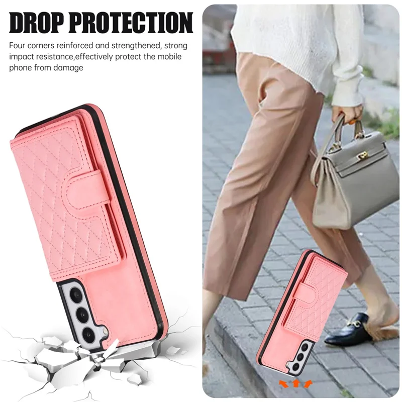 For Samsung Galaxy S21 FE 5G Kickstand Phone Case TPU+PU Leather Shoulder Phone Bag - Rose Gold