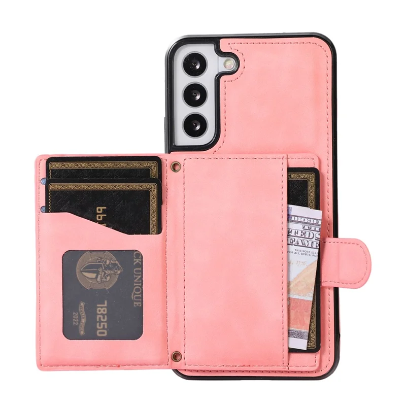 For Samsung Galaxy S21 FE 5G Kickstand Phone Case TPU+PU Leather Shoulder Phone Bag - Rose Gold