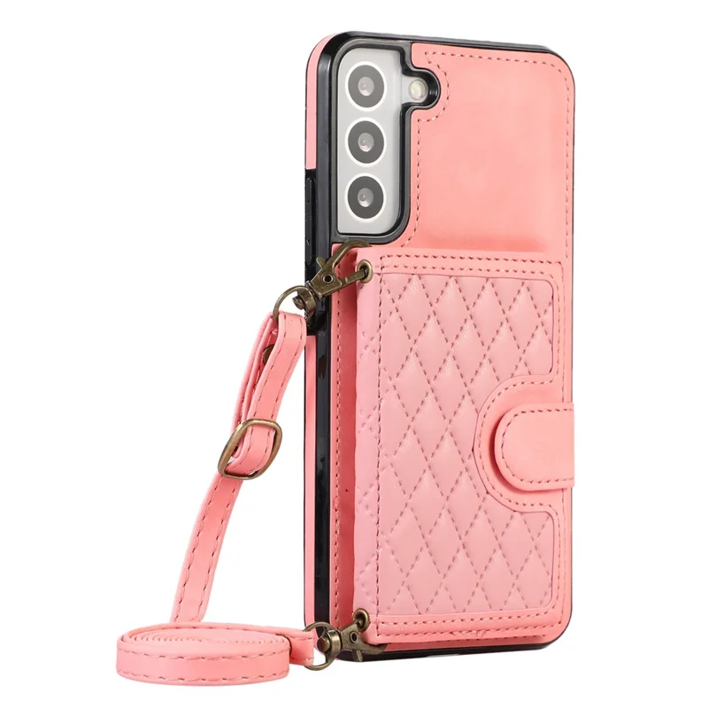 For Samsung Galaxy S21 FE 5G Kickstand Phone Case TPU+PU Leather Shoulder Phone Bag - Rose Gold