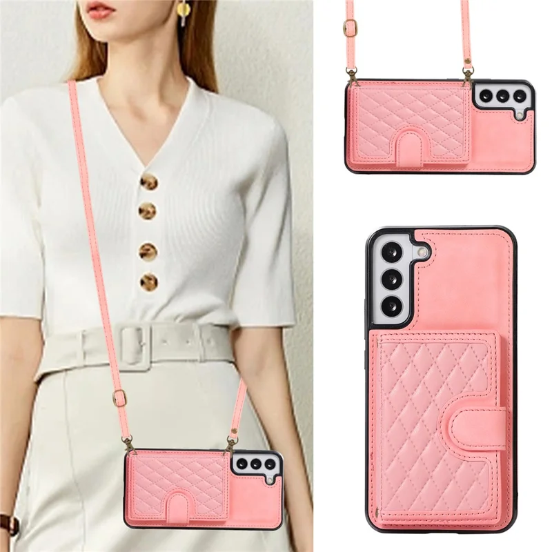 For Samsung Galaxy S21 FE 5G Kickstand Phone Case TPU+PU Leather Shoulder Phone Bag - Rose Gold