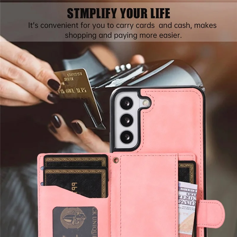 For Samsung Galaxy S21 FE 5G Kickstand Phone Case TPU+PU Leather Shoulder Phone Bag - Rose Gold