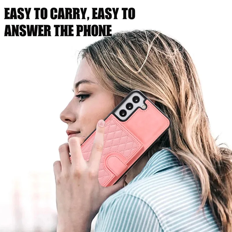 For Samsung Galaxy S21 FE 5G Kickstand Phone Case TPU+PU Leather Shoulder Phone Bag - Rose Gold