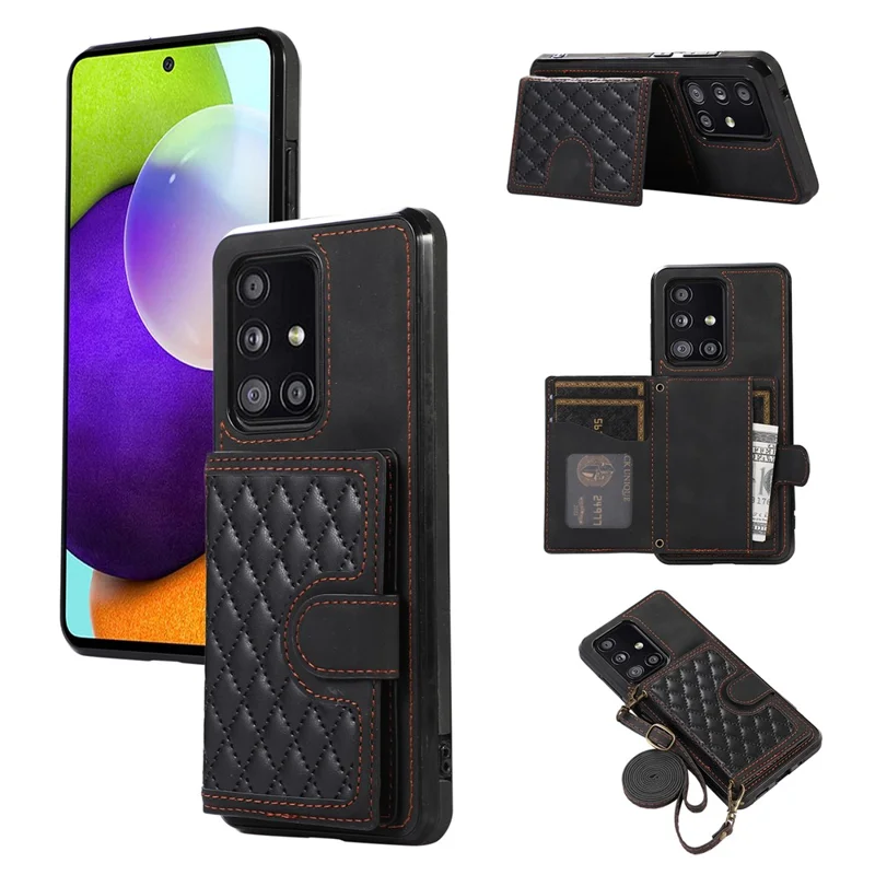 For Samsung Galaxy A51 5G Card Holder TPU+PU Leather Phone Case Kickstand Phone Cover - Black