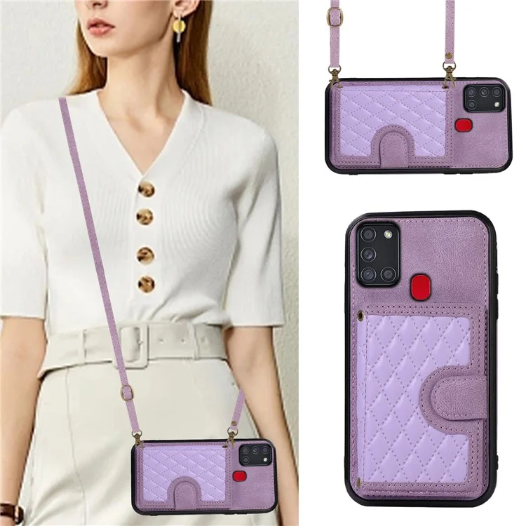 For Samsung Galaxy A21s Phone Case TPU+PU Leather Phone Cover with Card Holder - Purple