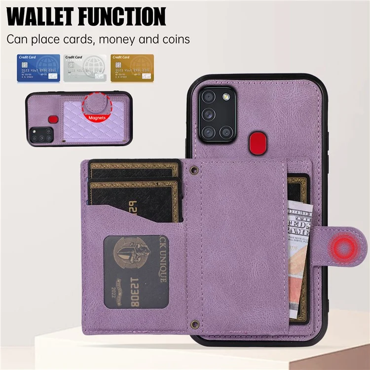 For Samsung Galaxy A21s Phone Case TPU+PU Leather Phone Cover with Card Holder - Purple