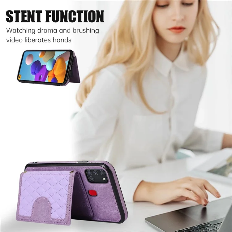 For Samsung Galaxy A21s Phone Case TPU+PU Leather Phone Cover with Card Holder - Purple