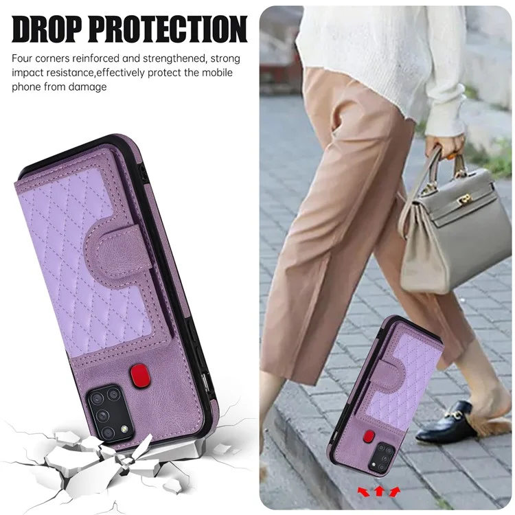 For Samsung Galaxy A21s Phone Case TPU+PU Leather Phone Cover with Card Holder - Purple