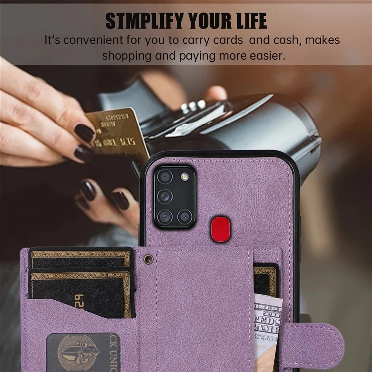 For Samsung Galaxy A21s Phone Case TPU+PU Leather Phone Cover with Card Holder - Purple