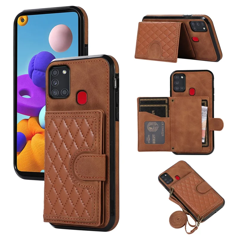 For Samsung Galaxy A21s Phone Case TPU+PU Leather Phone Cover with Card Holder - Brown