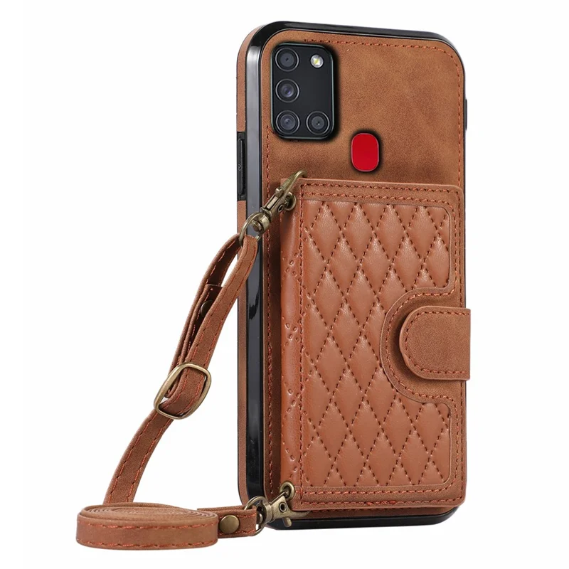 For Samsung Galaxy A21s Phone Case TPU+PU Leather Phone Cover with Card Holder - Brown
