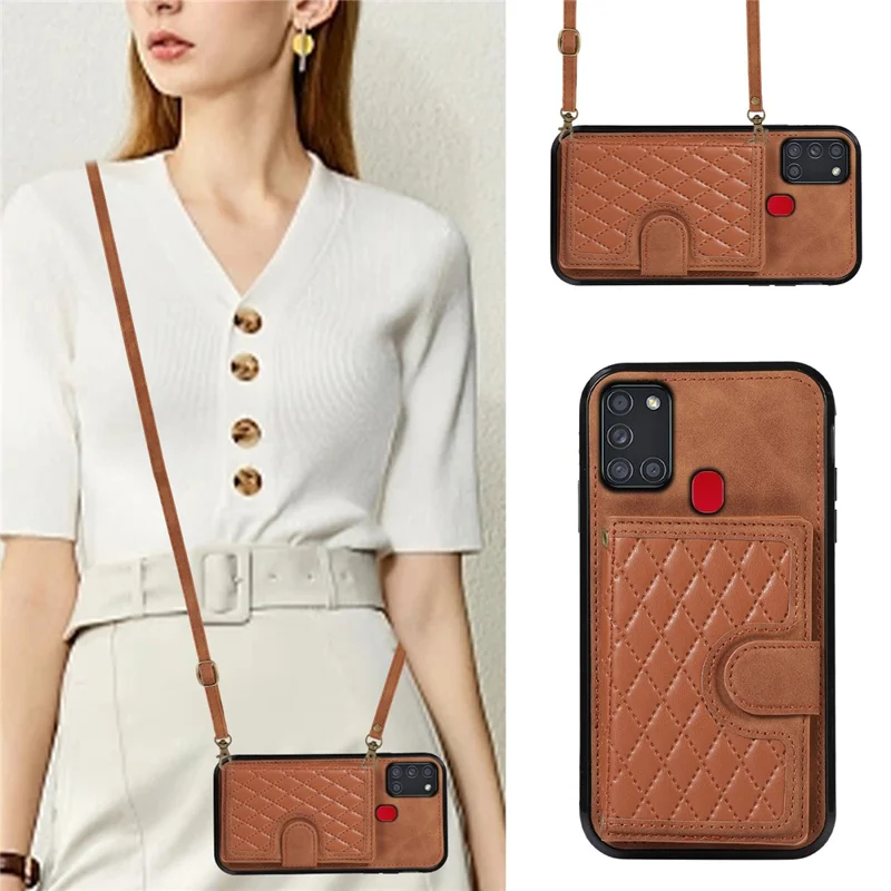 For Samsung Galaxy A21s Phone Case TPU+PU Leather Phone Cover with Card Holder - Brown