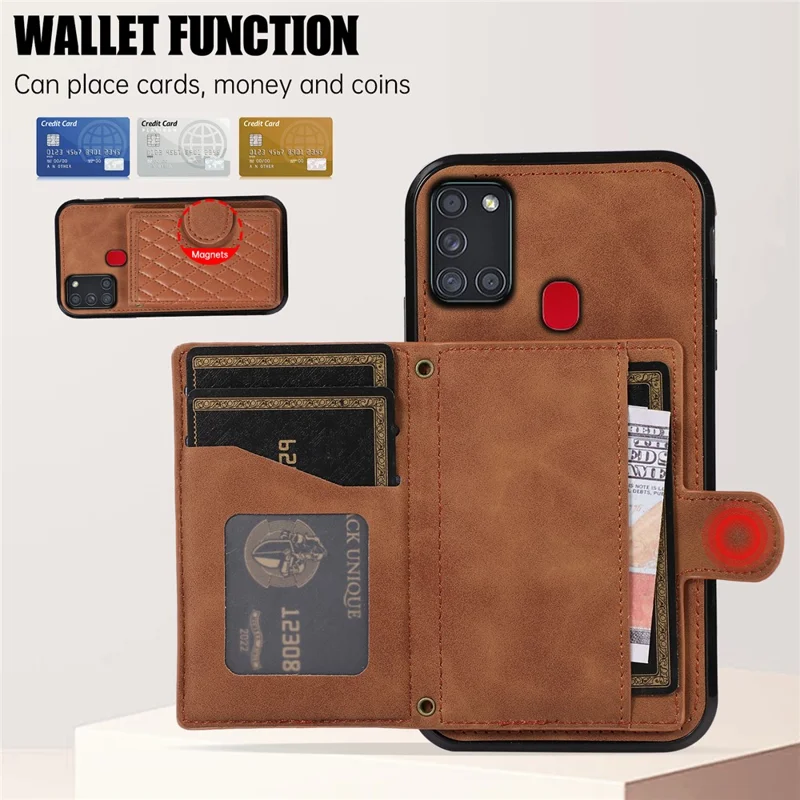 For Samsung Galaxy A21s Phone Case TPU+PU Leather Phone Cover with Card Holder - Brown