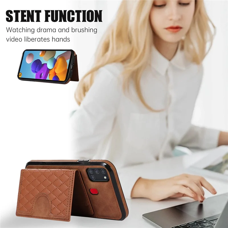 For Samsung Galaxy A21s Phone Case TPU+PU Leather Phone Cover with Card Holder - Brown