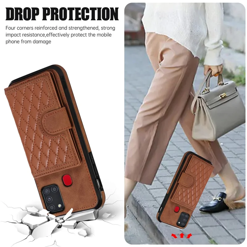 For Samsung Galaxy A21s Phone Case TPU+PU Leather Phone Cover with Card Holder - Brown