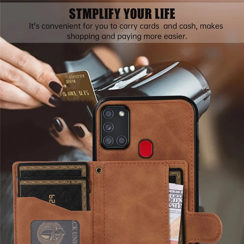 For Samsung Galaxy A21s Phone Case TPU+PU Leather Phone Cover with Card Holder - Brown