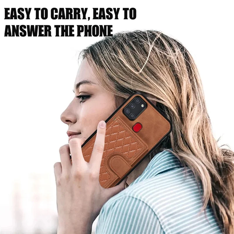 For Samsung Galaxy A21s Phone Case TPU+PU Leather Phone Cover with Card Holder - Brown