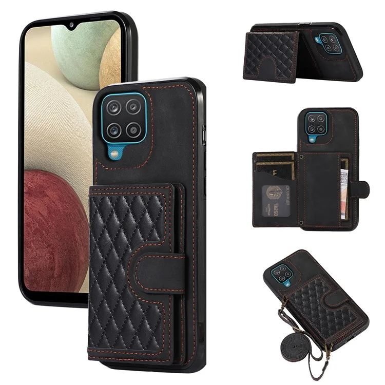 Para Samsung Galaxy A12 Case Imprinted Phone Cover Card Holder TPU+PU Leather Shell - Preto