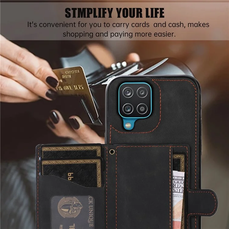 Para Samsung Galaxy A12 Case Imprinted Phone Cover Card Holder TPU+PU Leather Shell - Preto