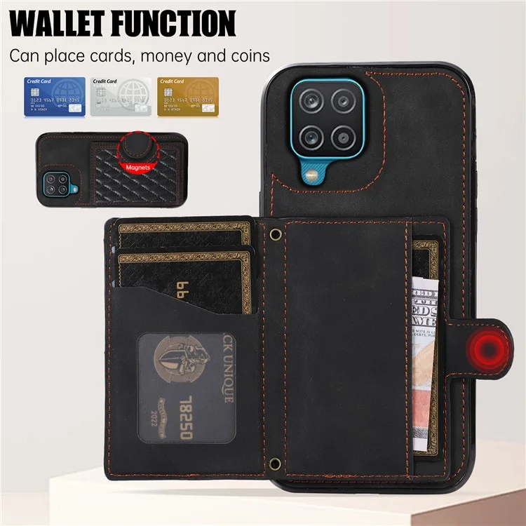Para Samsung Galaxy A12 Case Imprinted Phone Cover Card Holder TPU+PU Leather Shell - Preto