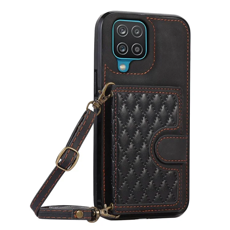 Para Samsung Galaxy A12 Case Imprinted Phone Cover Card Holder TPU+PU Leather Shell - Preto