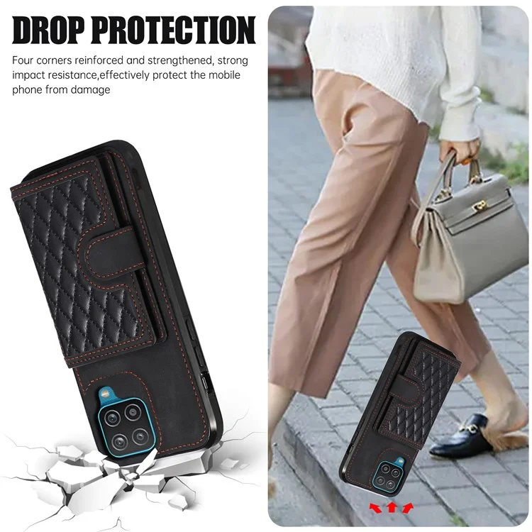 Para Samsung Galaxy A12 Case Imprinted Phone Cover Card Holder TPU+PU Leather Shell - Preto