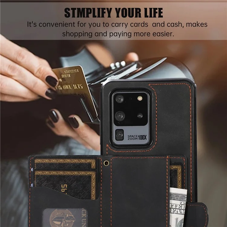 Phone Case for Samsung Galaxy S20 Ultra Card Holder TPU+PU Leather Kickstand Phone Cover - Black