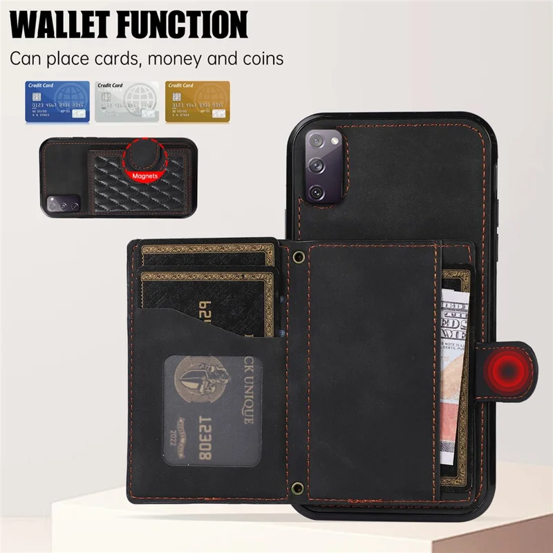 For Samsung Galaxy S20 4G / 5G Card Holder Phone Case TPU+PU Leather Kickstand Phone Cover - Black