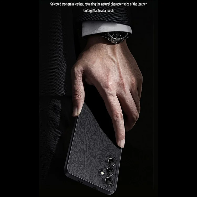 Funda para Samsung Galaxy A15 5G Funda de teléfono móvil Funda de protección trasera de madera Grano PC+TPU+PU - Negro