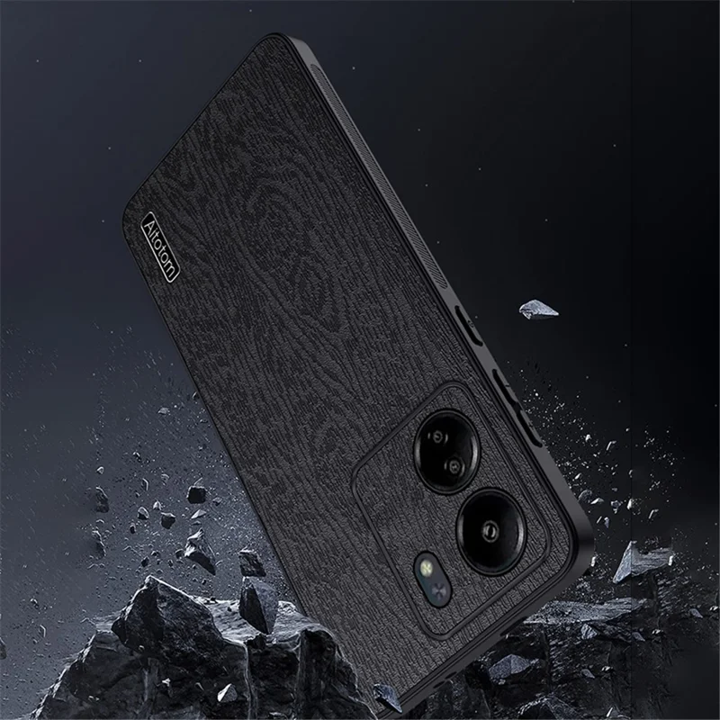 Für Xiaomi Redmi 13C 4G / Poco C65 4G Holztextur PU-Leder beschichtete PC+TPU Handyhülle - Schwarz