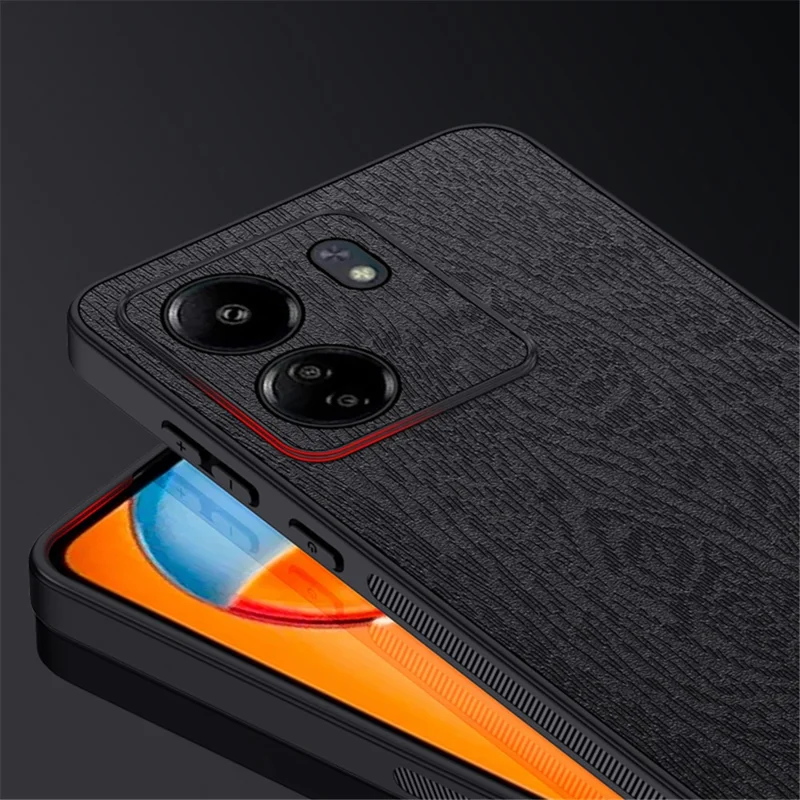 Für Xiaomi Redmi 13C 4G / Poco C65 4G Holztextur PU-Leder beschichtete PC+TPU Handyhülle - Schwarz