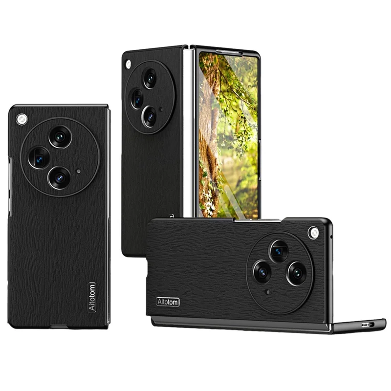 For Oppo Find N3 5G Case Wood Grain PU Leather+PC Folding Phone Cover - Black