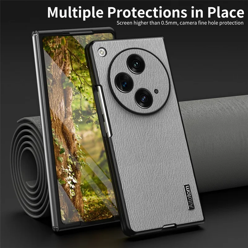 For Oppo Find N3 5G Case Wood Grain PU Leather+PC Folding Phone Cover - Black