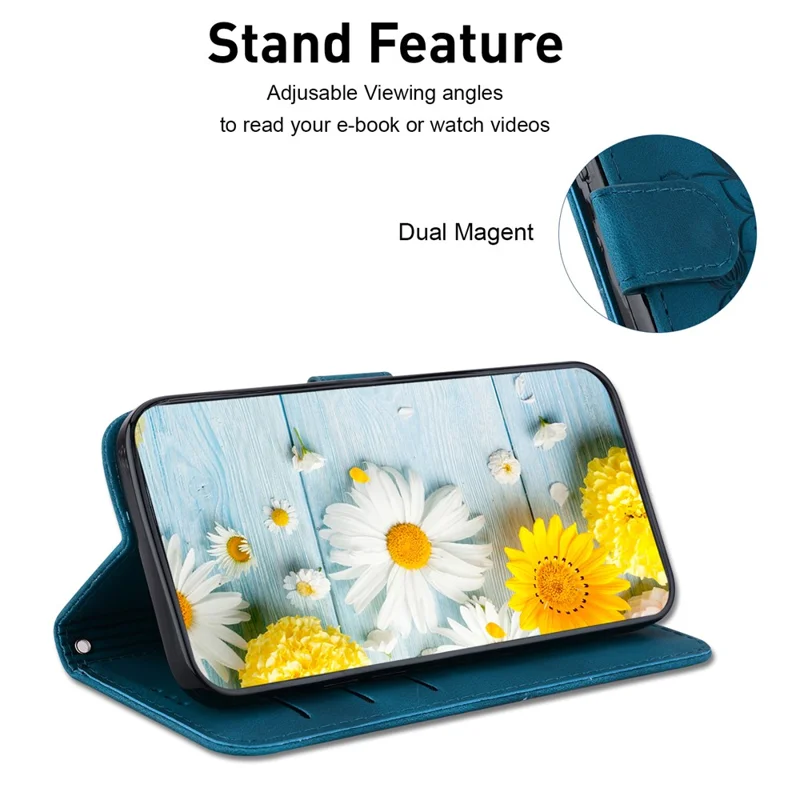 For Realme 11 4G (159.9x73.3x7.95mm) Wallet Leather Phone Case Flower Pattern - Dark Blue