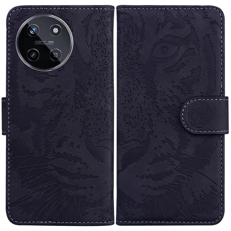 For Realme 11 4G (159.9x73.3x7.95mm) Leather Wallet Case Tiger Pattern Phone Cover - Black