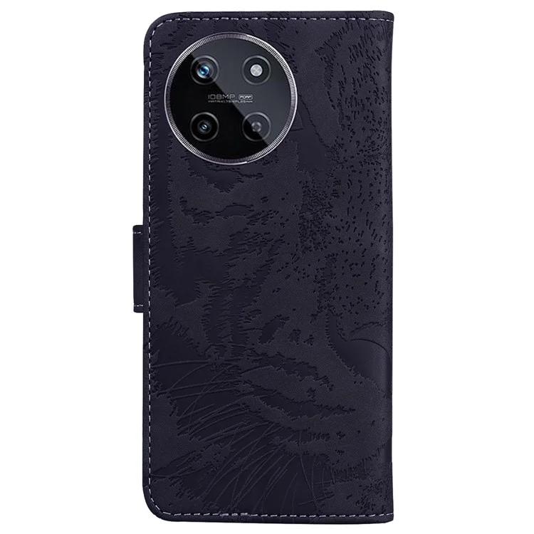 For Realme 11 4G (159.9x73.3x7.95mm) Leather Wallet Case Tiger Pattern Phone Cover - Black