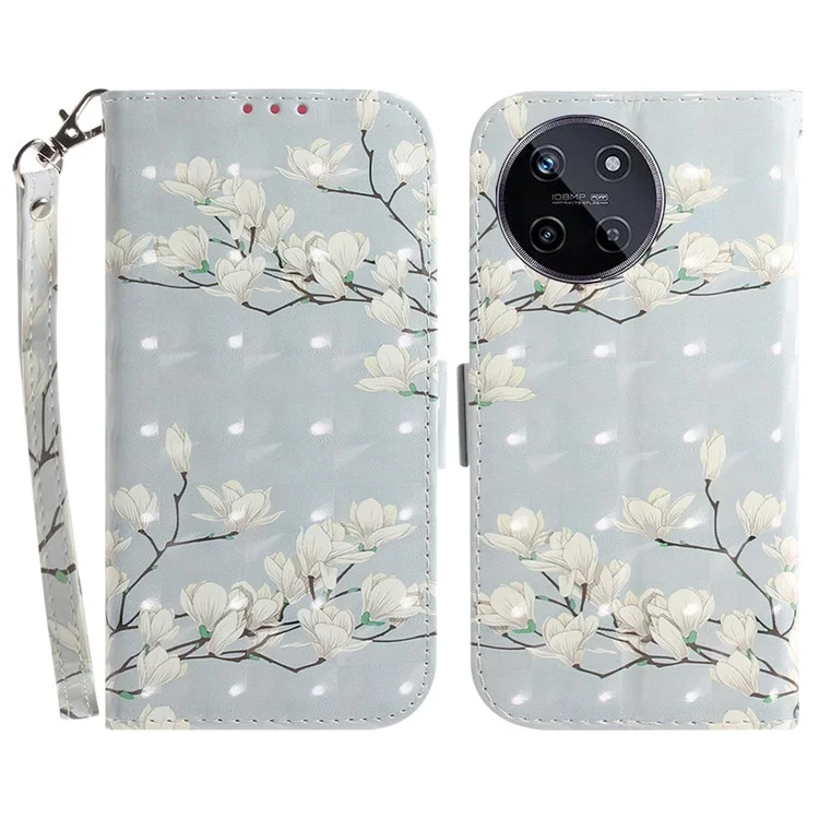 For Realme 11 4G (159.9x73.3x7.95mm) Case 3D Pattern Leather Phone Cover Wallet with Strap - Magnolia