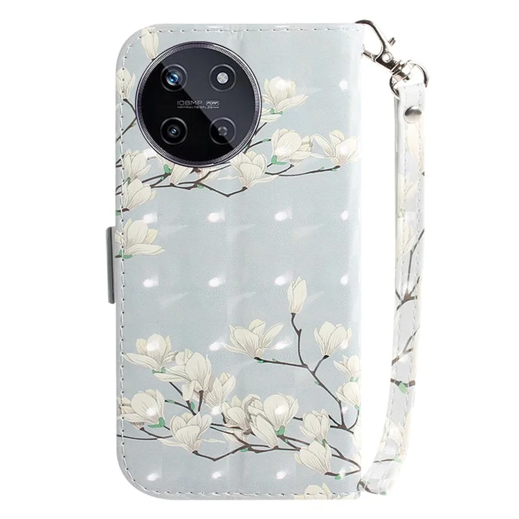 For Realme 11 4G (159.9x73.3x7.95mm) Case 3D Pattern Leather Phone Cover Wallet with Strap - Magnolia
