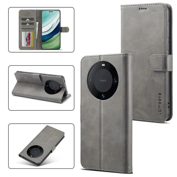 LC.IMEEKE Für Huawei Mate 60 Pro+ / Mate 60 Pro Kalbleder-Handy-Hülle, PU-Leder, Standfunktion, Geldbörse - Grau