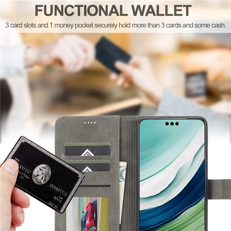 LC.IMEEKE Für Huawei Mate 60 Pro+ / Mate 60 Pro Kalbleder-Handy-Hülle, PU-Leder, Standfunktion, Geldbörse - Grau