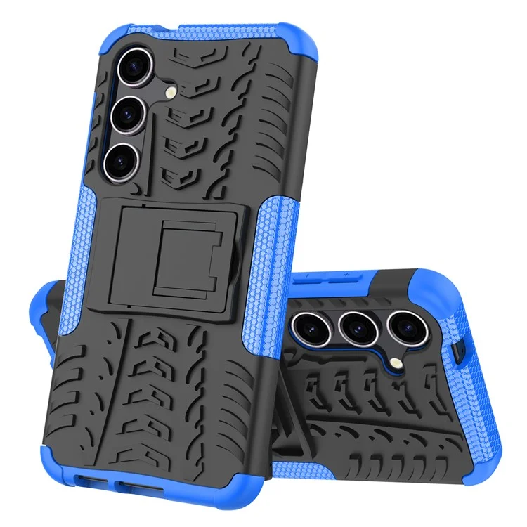 Pour Samsung Galaxy S24 Tyre Pattern Phone Case Kickstand PC+TPU Shockproof Phone Cover - Bleu
